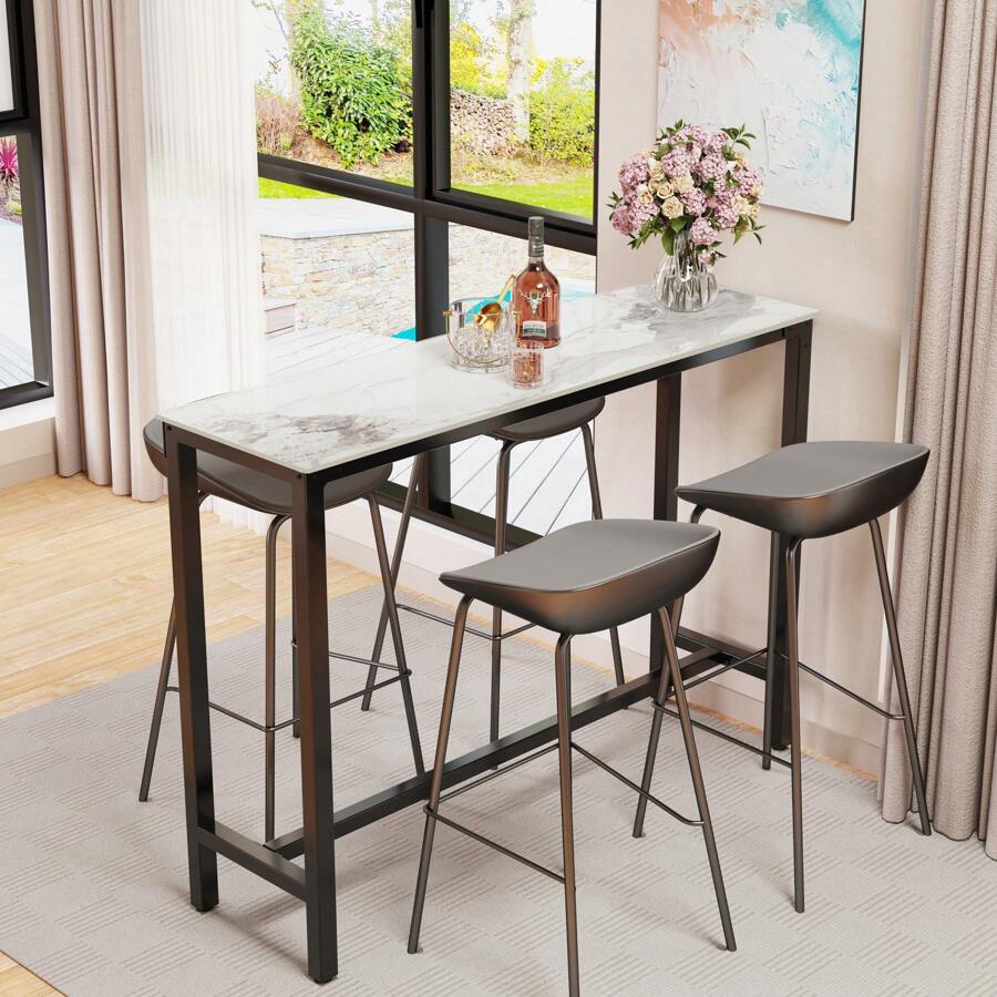 Rectangle Kitchen Bar Table Counter Breakfast Dining Table Black Coffee Table Metal Legs With Footrest For Kitchen Dining Room Patio