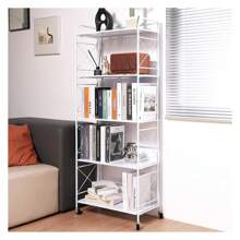 Folding Shelf 5 Tier,Folding Bookshelf,Foldable Shelf,Metal Folding Storage Shelves With Wheels,Folding Shelf Unit For Living Room,Kitchen,Study, 12.6" D X 23.6" W X 57.0" H, Glossy White