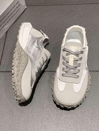 Women's Thick Sole Casual Trainers 2024, Breathable Soft Silver High-Top Sneakers