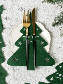 12pcs/Set Christmas Felt Tableware Covers, Including Cutlery Holders, Christmas Tree Fork & Spoon, Placemats, Coasters, Decorative Cutlery Pockets: Practical Tableware Set, Suitable For Home And Restaurant