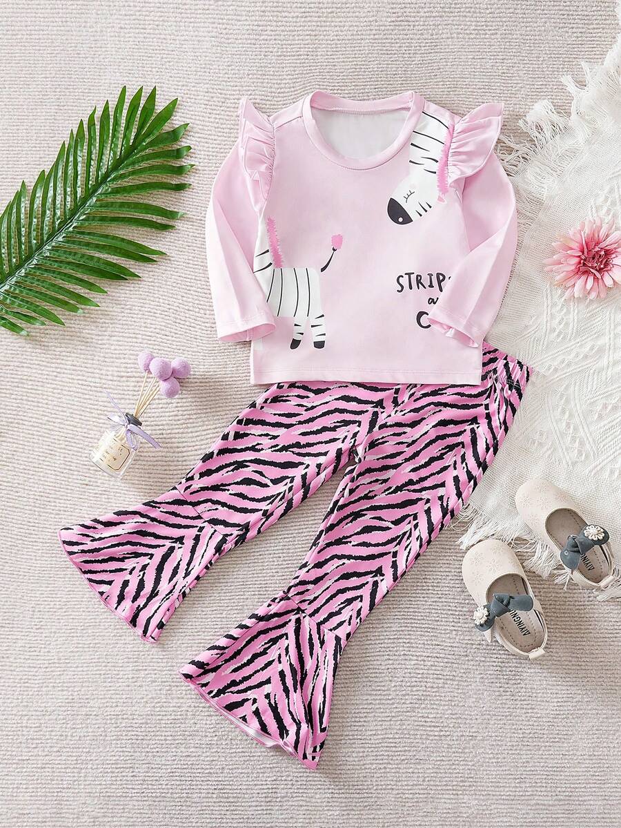 Baby Girl Cute Outfit With Lettter & Zebra Print Ruffled Long Sleeve ...