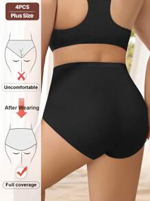 MEIYATING 4pcs/Pack Plus Size Women's Cotton High Waist Tummy Control Soft Triangle Panties, Solid Color - Multicolor - View 3