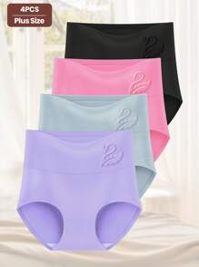 MEIYATING 4pcs/Pack Plus Size Women's Cotton High Waist Tummy Control Soft Triangle Panties, Solid Color - Multicolor - View 4