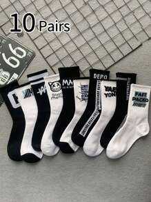 10 Pairs Kids & Teenagers Letter & Striped Mid-Calf Socks, Black & White, Fashion & Versatile For All Seasons, Random Color Delivery