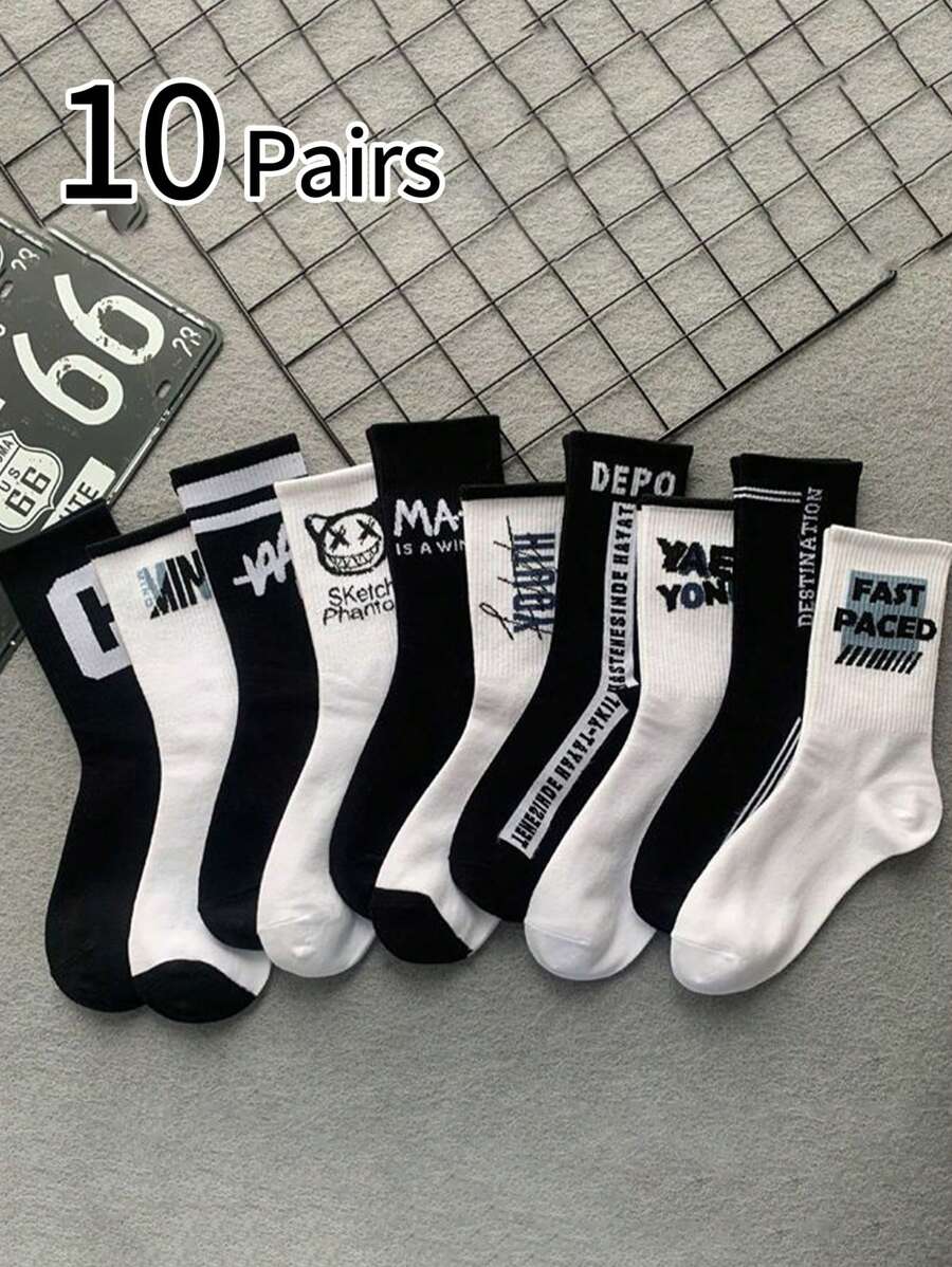 10 Pairs Kids & Teenagers Letter & Striped Mid-Calf Socks, Black & White, Fashion & Versatile For All Seasons, Random Color Delivery