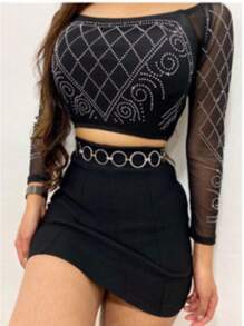 Conjunto feminino Cropped tule Manga longa e short saia curta - Preto - Visão 1