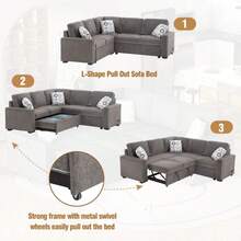DlandHome 83'' Pull Out Sofa Bed, Linen Sofa Bed With USB Ports, Outlets, Cushions, 5 Seater Sofa Bed, L-Shaped Sofa - 棕色 - 查看 3