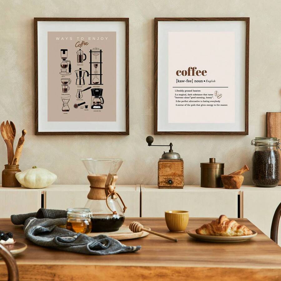 咖啡厅画廊墙面两件套、厨房海报、咖啡墙面艺术、咖啡厅艺术、美观中性的厨房装饰、厨房墙面艺术、墙面装饰海报、墙面帆布装饰、走廊、卧室、客厅、生日、毕业典礼等的理想礼物 - 彩色 - 查看 1