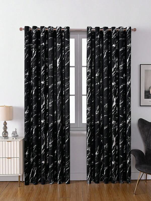 2pcs Solid White Marble Pattern Simple Window Curtains For Living Room And Bedroom