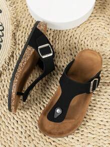 Fashionable Hook & Loop Soft Cork Flat Slippers, Summer Beach Casual Flip Flops For Men And Women