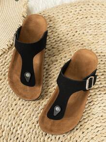 Fashionable Hook & Loop Soft Cork Flat Slippers, Summer Beach Casual Flip Flops For Men And Women