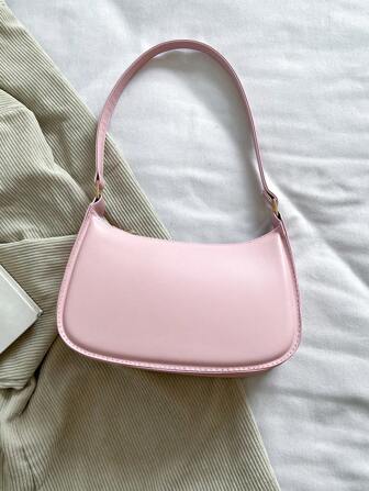 New 2025 Spring/Summer Fashion Simple Solid Pink Shoulder Bag, Casual Commuter Underarm Bag, Small Tote Handbag, Daily Carry, Suitable For Teen Girls, College Students, Young Women, Office, School, Work, Business , Old Money , Pink