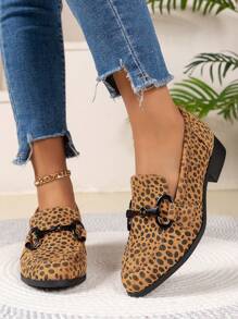 Damen Mode Keilabsatz Schuhe mit Leoparden Muster, vielseitig einsetzbare dekorative Schnalle und quadratischer Schuhspitze, Loafer Schuhe, Trendmode