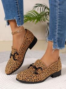 Damen Mode Keilabsatz Schuhe mit Leoparden Muster, vielseitig einsetzbare dekorative Schnalle und quadratischer Schuhspitze, Loafer Schuhe, Trendmode
