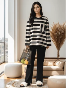 女士休闲条纹长袖毛衣和裤子两件套家居服套装，春季，两件套 - 黑與白 - 查看 2