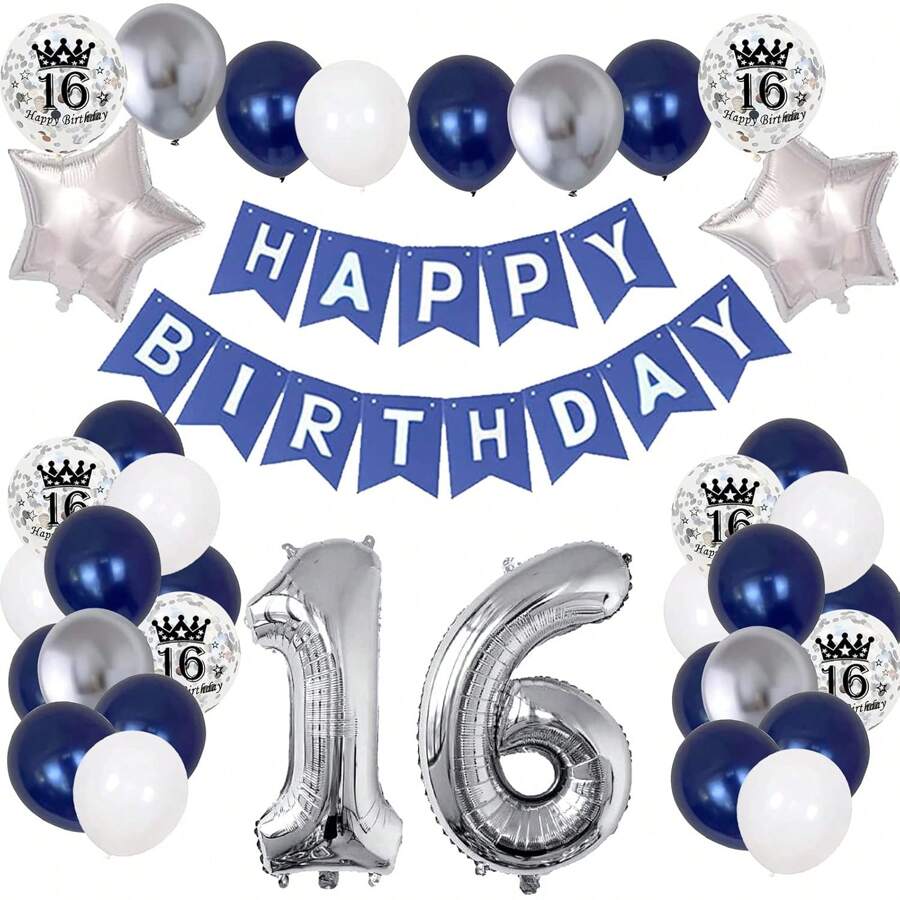 41 món đồ trang trí sinh nhật 16, 18, 21, 30, 40, 50, 60, vật dụng tiệc sinh nhật có biểu ngữ chúc mừng sinh nhật và bóng bay số, tiệc chủ đề màu xanh lam bạc cho thanh thiếu niên, giáng sinh - Bộ đồ sinh nhật màu xanh đêm - Xem 1