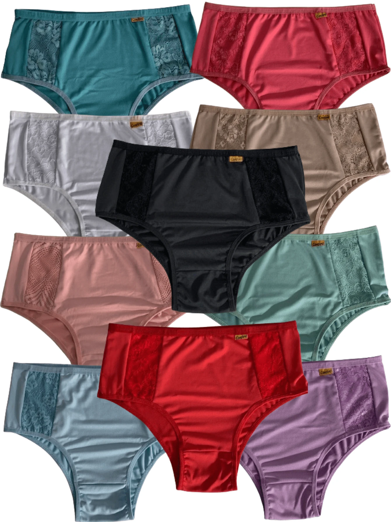 Kit 10 Women's Microfiber Panties With Lace And 100% Cotton Lining Grandma Pants - 彩色 - 查看 1