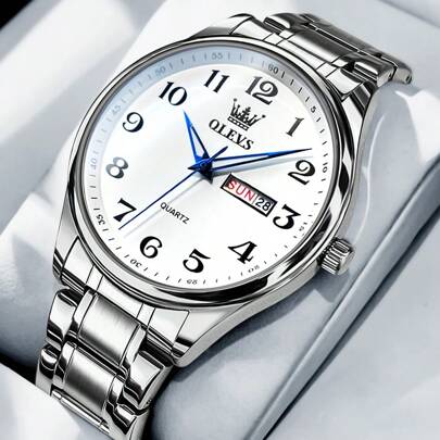 OLEVS Mens Watch Stainless Steel Diamond Quartz Casual Day Date Waterproof Luminous Wrist Watches For Men