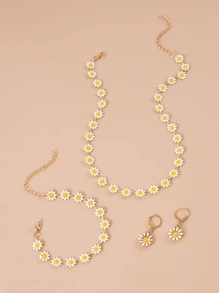 4pcs/Set Kids Fashion Minimalist Daisy Flower Necklace, Earrings And Bracelet Set