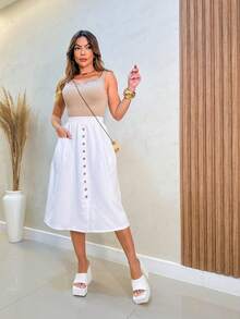 Faminina Tailored Midi Skirt With Fashion Bags And Buttons - 白色 - 查看 1
