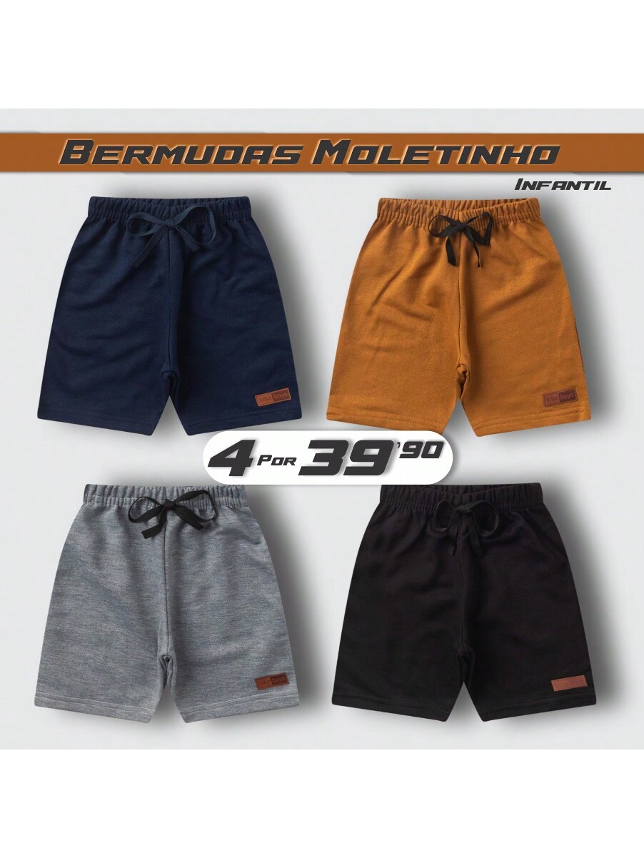 Kit C/ 4 Bermudas Para Menino - Moletinho de Algodão - Kit Sortido Com 4 Cores Diferentes