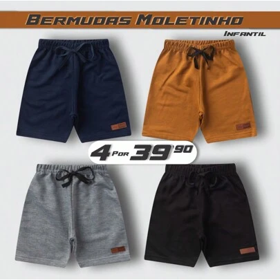 Kit C/ 4 Bermudas Para Menino - Moletinho de Algodão - Kit Sortido Com 4 Cores Diferentes
