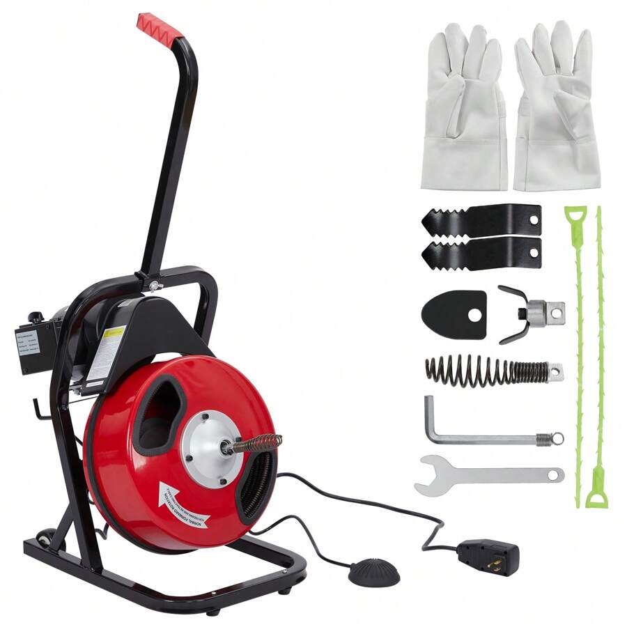 Drain Cleaner Machine With 4 Cutters & Foot Switch And Pair Of Gloves,Drain Cleaner Machines,Electric Drain Auger For 1" To 4" Pipes Electric Drain Snake Sewer Snake Drill - 紅色 K-300F 50 英尺 1/2 英寸 - 查看 1