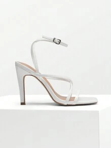 Women Stiletto Ankle Strap Heeled Sandals, Elegant Square Open Toe High Heeled Sandals For School Party Prom, Daily - 白色 - 查看 4