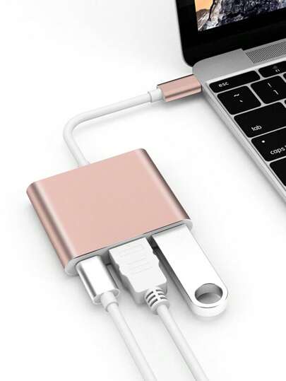 1pc Light Pink Type-c 3 Ports Hub For Type-c Laptop, Desktop, Tablet