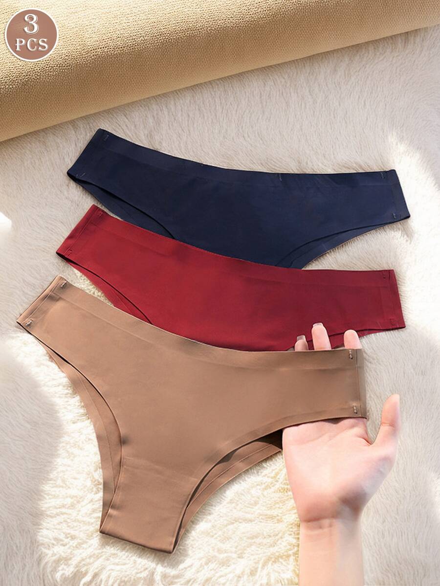 3pcs Women's Seamless Solid Color Ice Silk No-Trace Hipster Panties