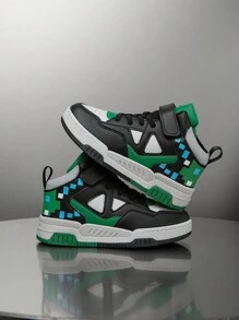 1 双儿童高帮运动鞋,PU 皮革运动鞋,适合室内和室外休闲跑步,易穿轻便防滑透气舒适,适合男孩和女孩的时尚校园风格,圣诞元素 - 綠色 - 查看 5