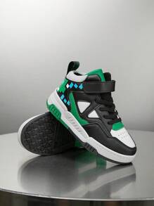 1 双儿童高帮运动鞋,PU 皮革运动鞋,适合室内和室外休闲跑步,易穿轻便防滑透气舒适,适合男孩和女孩的时尚校园风格,圣诞元素 - 綠色 - 查看 4