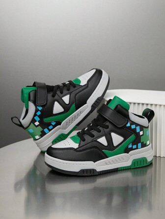 1 Pair Children High-Top Sneakers, PU Leather Sports Shoes For Indoor & Outdoor Casual Running, Easy To Wear Lightweight Non-Slip Breathable Comfortable, Fashion Campus Style For Boys & Girls, Christmas Element