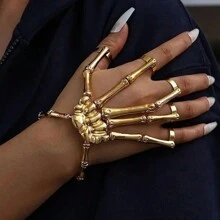 哥特式手工万圣节骷髅手指腕带朋克万圣节金属骷髅手指手骨手链带可调节戒指腕带女士派对，金色珠宝 - 彩色 - 查看 1