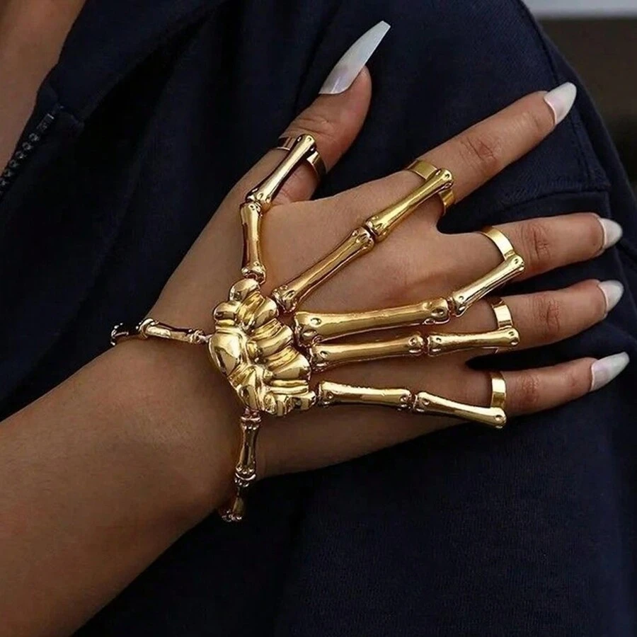 哥特式手工万圣节骷髅手指腕带朋克万圣节金属骷髅手指手骨手链带可调节戒指腕带女士派对，金色珠宝 - 彩色 - 查看 1