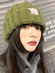 1 件装无檐便帽 - 粗针织、防寒、保暖、百搭纯色针织帽,女士,宽松,秋冬,绿色,时尚 - 彩色 - 查看 7