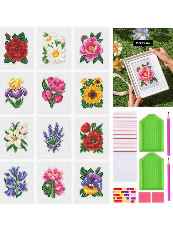 12 pièces/set Kit de peinture de diamant 5D, peinture de diamant de forage DIY mini ornements décoratifs de bureau floraux, taille de canevas 14x17cm, motifs de fleurs multicolores incluent la rose et la marguerite, livré dans une boîte de couleur, sans cadre