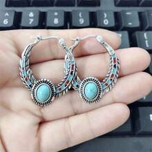 1 Cặp bông tai hình lông vũ màu xanh ngọc lam mô phỏng phong cách Boho Vintage, Quà tặng trang sức thời trang cho phụ nữ - Màu Bạc Cổ - Xem 2