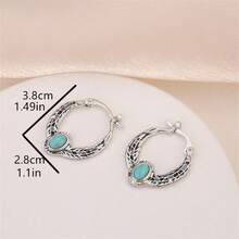 1 Cặp bông tai hình lông vũ màu xanh ngọc lam mô phỏng phong cách Boho Vintage, Quà tặng trang sức thời trang cho phụ nữ - Màu Bạc Cổ - Xem 4