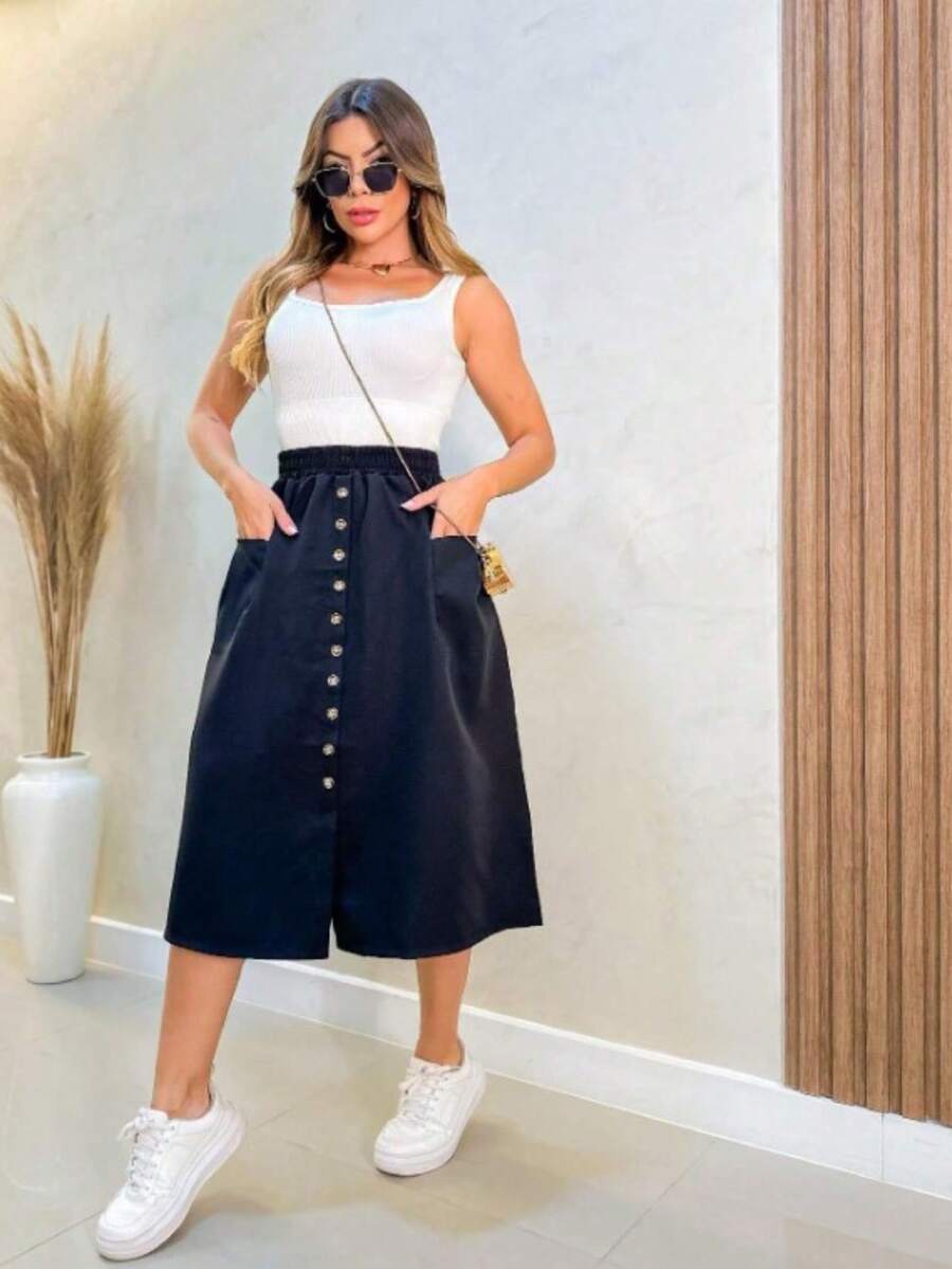 Faminina Tailored Midi Skirt With Fashion Bags And Buttons - 黑色 - 查看 1