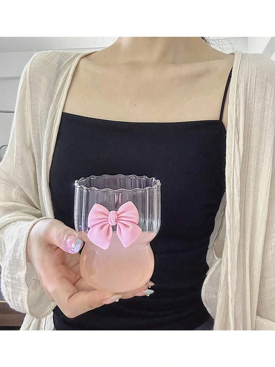 1 件装夏季学生女孩高品质粉色蝴蝶结玻璃果汁/咖啡杯 - 無色 - 查看 1