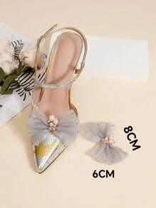 1 对韩式灰色网状蝴蝶结装饰水晶珍珠可拆卸鞋夹，适用于凉鞋、高跟鞋、休闲鞋 - 灰色 - 查看 4