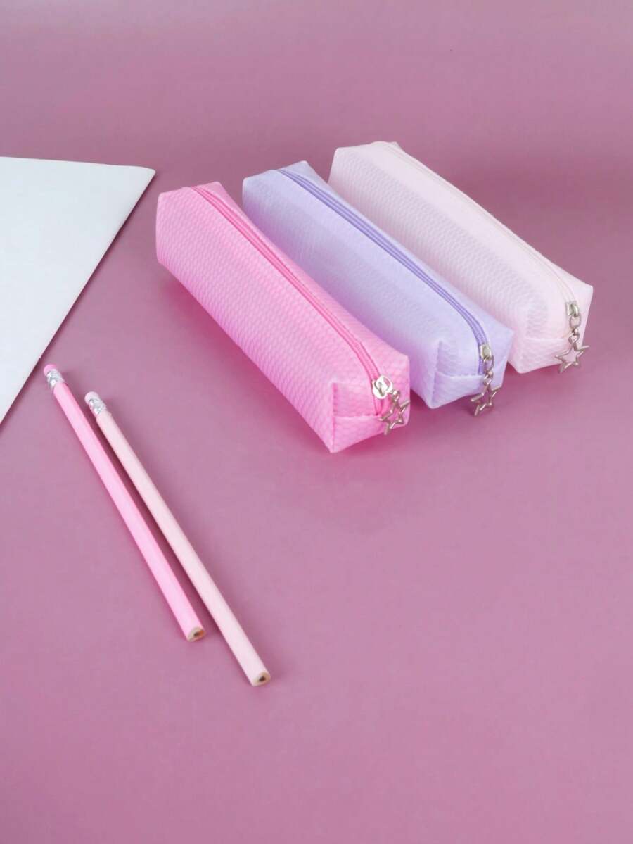 1pc Transparent Star Zipper Stationery Pouch , Pink Pencil Case - Single Piece - View 1