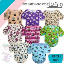 Kit 5 Pieces Long Sleeve Bodysuit Printed Suede 100% Cotton Baby - 藍色 - 查看 1