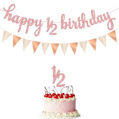 6 个月金色 DIY 串闪光横幅生日快乐横幅 1/2 生日快乐玫瑰金横幅闪光 1/2 半年蓝色蛋糕装饰三角形旗帜横幅用于半年生日派对装饰，圣诞节