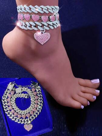 LIGHTSOME 3PCS Heart Link Anklets Bracelet For Women Hip Hop Iced Out Link Ankle Layered Link Anklet Love Beach Foot Chain Jewelry For Women Gift Set Valentines,Mom,Mother,Mother's Day,Gift