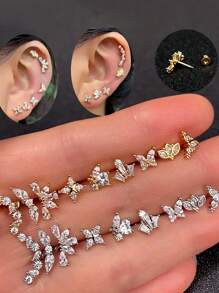 1件装不锈钢迷你扁平螺丝耳钉，女士迷你耳软骨水晶锆石耳钉，身体饰品