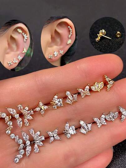 1件装不锈钢迷你扁平螺丝耳钉，女士迷你耳软骨水晶锆石耳钉，身体饰品