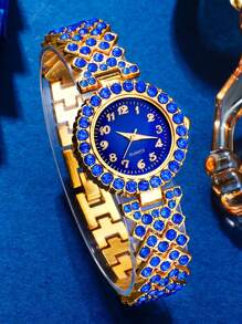 6pcs Women's Watch Set, Minimalist Luxury Blue Crystal Rhinestone Numeral Ladies Alloy Bracelet Watch, Alloy Blue Bracelet Necklace Earrings Ring Watch Bracelet Jewelry Set, Suitable For Daily Occasions, Gift For Mother - Multicolor - View 3