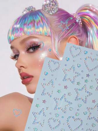 1set 2pcs Colorful Pentagram Heart Multiple Shapes Gem Stickers Christmas Makeup Holiday Music Festival DIY Eyes Face Jewels Stickers Y2K Style Cosplay Dance Performances Party Concert Wedding Fake Tattoos